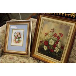 TWO FRAMED FLORALS WATER COLOR AND OIL