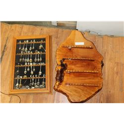 OAK AND BURL SPOON RACKS WITH COLLECTOR SPOONS