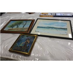 LARGE WATER COLOR OCEAN SCENE AND TWO OIL PAINTINGS TREES AND NATIVE GIRL