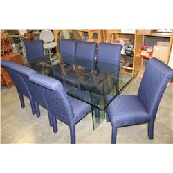 GLASS DINING TABLE WITH 8 BLUE UPHOLSTERED CHAIRS