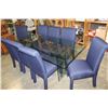 Image 1 : GLASS DINING TABLE WITH 8 BLUE UPHOLSTERED CHAIRS