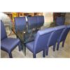 Image 2 : GLASS DINING TABLE WITH 8 BLUE UPHOLSTERED CHAIRS