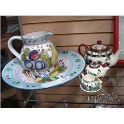 BLACK FOREST FRUITS FIGURAL BOWL AND TEAPOTS AND CORONET BIRD AND VICTORIAN STYLE FIGURES