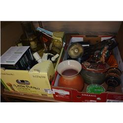 TRAY OF COLLECTIBLE ITEMS AND FIGURES AND PHILLIPS FOOD PROCESSOR