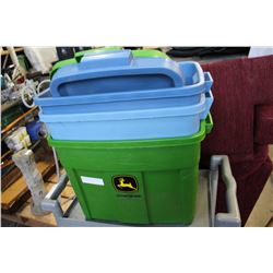 JOHN DEERE RUBBERMAID TOTE AND TWO TOTES WITH LIDS