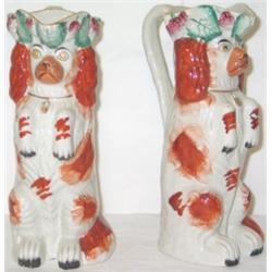 Pair of late Victorian Staffordshire jugs modelled as begging spaniels, with...