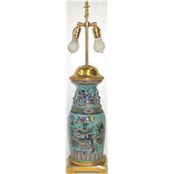 C19th Chinese porcelain & ormolu mounted table lamp, the porcelain painted with...