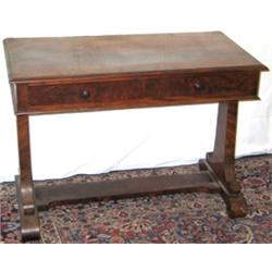 Early C19th William IV mahogany side table with 2 frieze drawers, on shaped end...