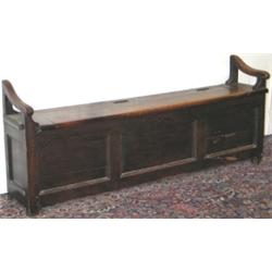 Late C18th / early C19th fruitwood box settle with scroll arms & hinged lid...