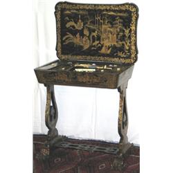 Early C19th Chinese export lacquer work table with hinged lid enclosing fitted...