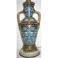 Late C19th / early C20th French champleve enamel table lamp, on white onyx...