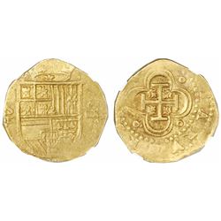 Seville, Spain, cob 4 escudos, Philip II, assayer Gothic D with open right side below mintmark S to 