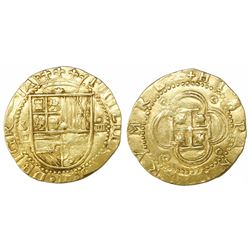 Seville, Spain, cob 4 escudos, Philip II, assayer Gothic D below mintmark S to left.