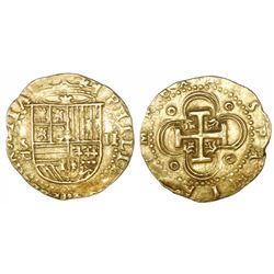 Seville, Spain, cob 2 escudos, Philip II, assayer Gothic D below mintmark S to left.