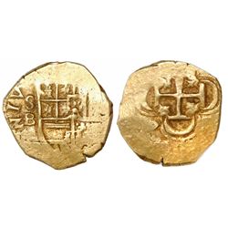 Seville, Spain, cob 2 escudos, Philip II, assayer B below mintmark to left, (O)MNIV(M) in legend.