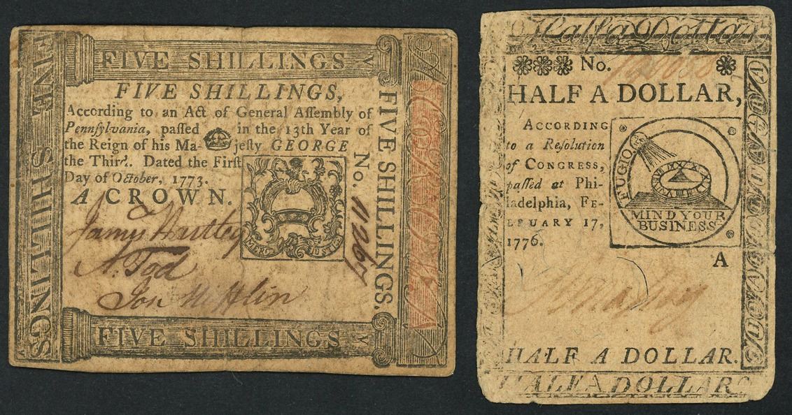Lot of two colonial notes: Pennsylvania, five shillings, 1-10-1773 ...