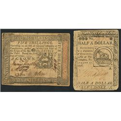 Lot of two colonial notes: Pennsylvania, five shillings, 1-10-1773, serial 11267, and Philadelphia,