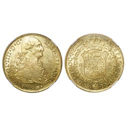 Lima, Peru, bust 8 escudos, Charles IV, 1793IJ, NGC AU 58.
