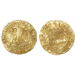 Seville, Spain, 2 excelente, Ferdinand-Isabel, four dots in cross-shape at top and mintmark S with t