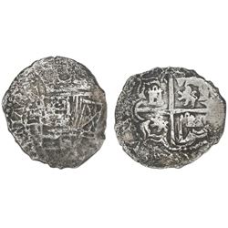 Potosi, Bolivia, cob 2 reales, Philip III, assayer R (curved leg), Grade 3.