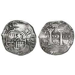 Potosi, Bolivia, cob 8 reales, 1653E, dot-PH-dot at top.