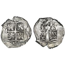 Potosi, Bolivia, cob 4 reales, 1653E, retrograde-4 denomination, PH at top.