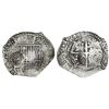 Image 1 : Potosi, Bolivia, cob 8 reales, 1651O, with THREE countermarks (very rare): one crown-alone counterma
