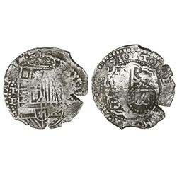 Potosi, Bolivia, cob 8 reales, 1651E/O, with crowned-L countermark on cross.