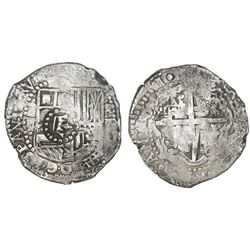 Potosi, Bolivia, cob 8 reales, 1651E, modern 5, with crown-alone countermark on shield.