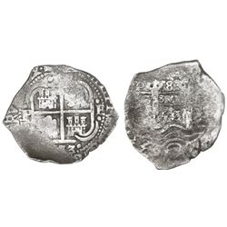 Potosi, Bolivia, cob 8 reales, 1653E, dot-PH-dot at top.