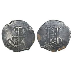 Potosi, Bolivia, cob 4 reales, 1668E.