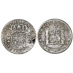 Mexico City, Mexico, pillar 8 reales, Ferdinand VI, 1754MM, crowns alike, very rare variety.