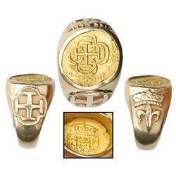 Mexico City, Mexico, cob 1 escudo, (1714J), from the 1715 Fleet, mounted in 14K men's gold ring (siz