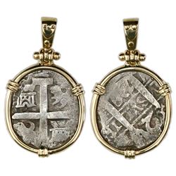 Lima, Peru, cob 2 reales, 1739V, ex-Princess Louisa (1743), mounted cross-side out in 14K gold bezel