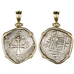 Mexico City, Mexico, cob 2 reales, Philip IV or Charles II, assayer G, mounted cross-side out in 14K