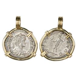 Roman Empire, AR denarius, Caracalla, 198-217 AD, mounted head-side out in 14K gold bezel.