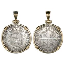 Seville, Spain, milled 2 reales "pistareen," Philip V, 1734PA, medal alignment, mounted in 14K gold 