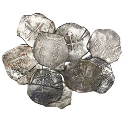 Lot of nine Mexico City, Mexico, cob 8 reales, Philip IV, assayers D or P (where visible), with test