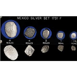 Denomination set of Mexico City, Mexico, cob 8-4-2-1-1/2 reales, 1731F, in custom plastic holder.