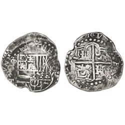 Potosi, Bolivia, cob 8 reales, Philip IV, assayer T (ca. 1622), mintmark P over reversed P ("phi").