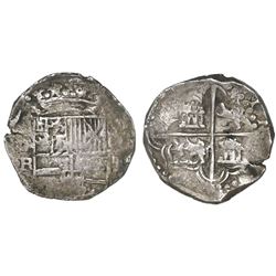 Potosi, Bolivia, cob 4 reales, Philip III, assayer RL (curved leg).