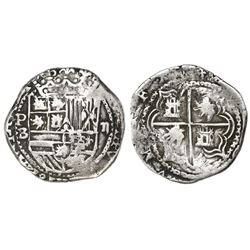 Potosi, Bolivia, cob 2 reales, Philip II, assayer B (5th period), borders of x's.