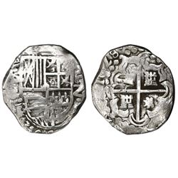 Potosi, Bolivia, cob 2 reales, 1628P, lions and castles transposed in cross and shield, upper half o