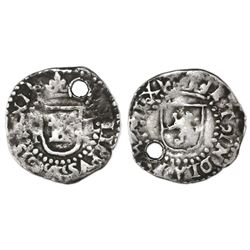 Potosi, Bolivia, cob 1/4 real, Philip II, assayer L to right, mintmark P to left, very rare.