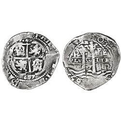 Potosi, Bolivia, cob 8 reales, 1657E, PH at top on pillars side, pomegranate above cross.