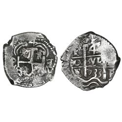 Potosi, Bolivia, cob 4 reales, 1733E/YA, retrograde E/YA to right of cross, very rare.