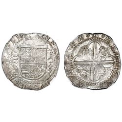 Valladolid, Spain, cob 8 reales, Philip II, assayer oA, rare, NGC MS 61.