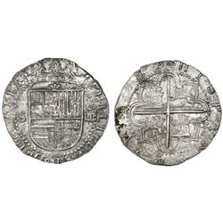 Seville, Spain, cob 4 reales, Philip II, assayer Gothic D at 4 o'clock outside tressure, fleur-de-li