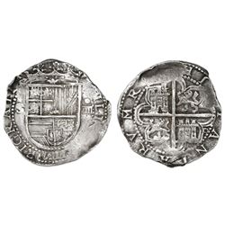 Seville, Spain, cob 4 reales, Philip II, assayer Gothic D at 4 o'clock outside tressure, fleur-de-li