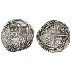 Toledo, Spain, cob 2 reales, Philip II, assayer M-in-circle below mintmark oT to left.